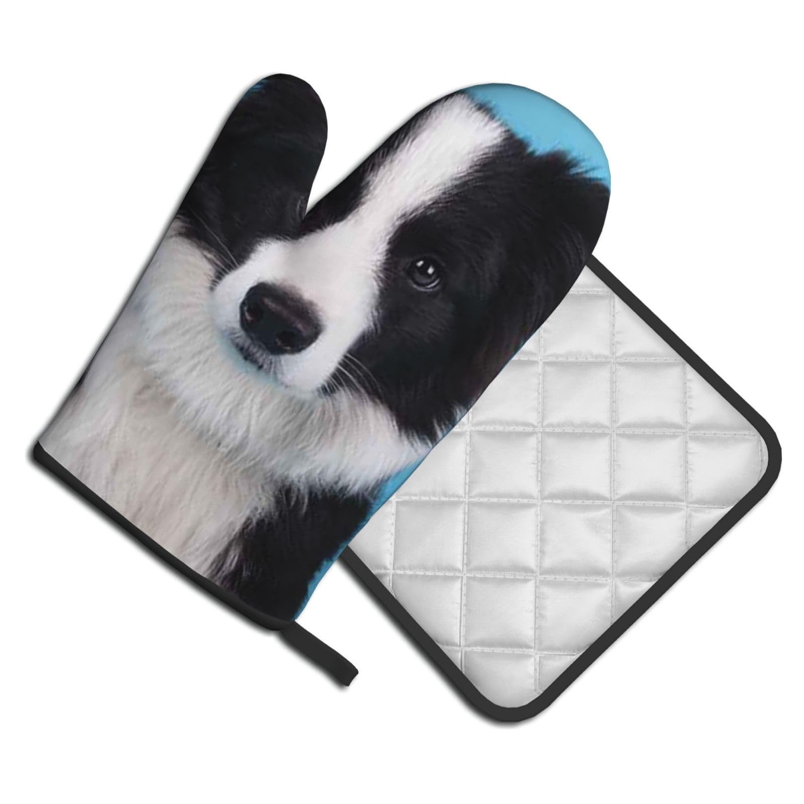 Oven Mitts and Pot Holders Set of 2 Pcs, Border Collie Printed Heat Resistant Kitchen Gloves Potholders for Cooking Baking Grilling