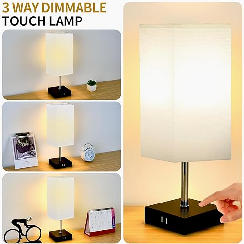 Miniatura 2 de Lámpara de noche con control táctil, lámparas de mesa regulables de 3 vías con 2 puertos USB y tomacorriente, lámpara de mesita de noche para