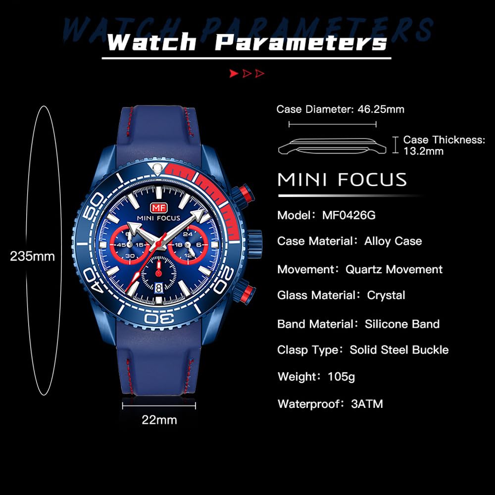 Orologio da uomo con quadrante girevole e calendario luminescente, movimento al quarzo, orologio da polso per auto, durezza 30 ATM, vetro zaffiro, comodo cinturino in silicone, super luminoso, da uomo