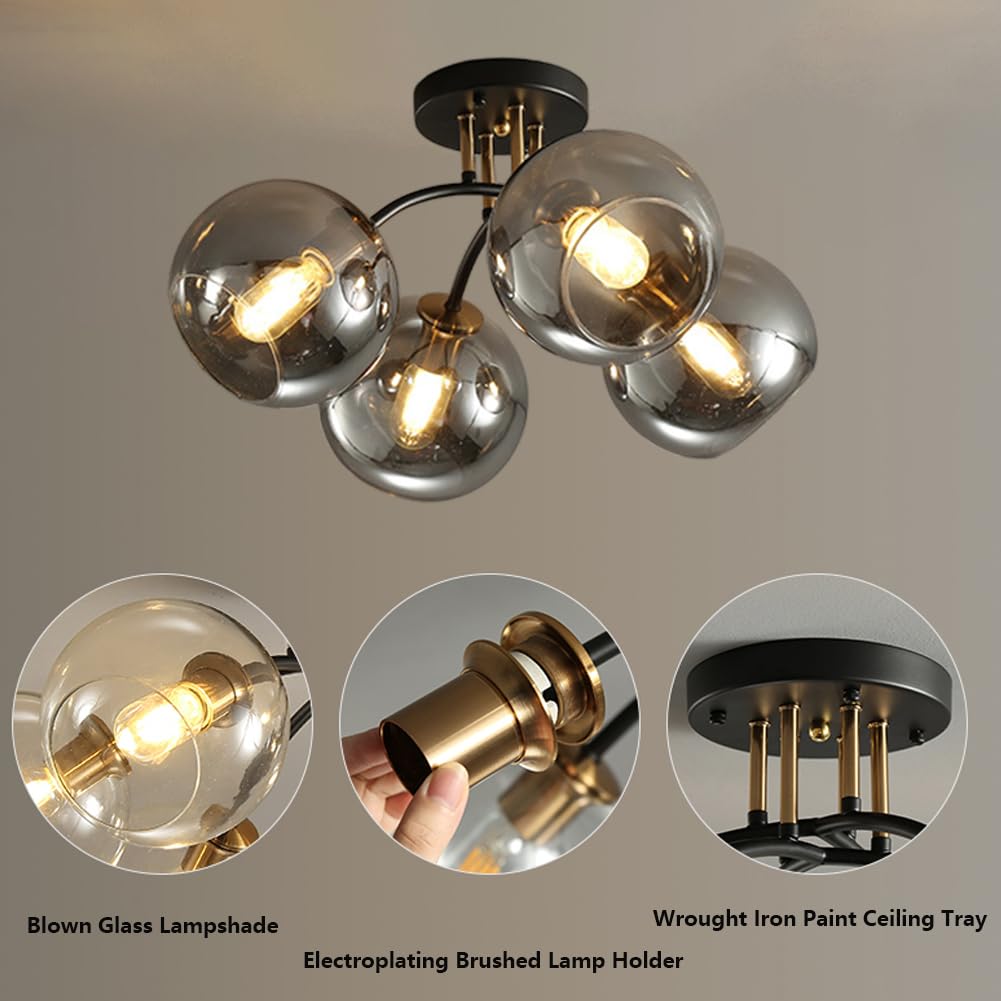 Globo Sputnik Lampadario in vetro Fagiolo magico Molecola Appeso Illuminazione a soffitto Plafoniera in ferro per Agriturismo Soggiorno Sala da pranzo Cucina Camera da letto (4-Luce,Grigio)