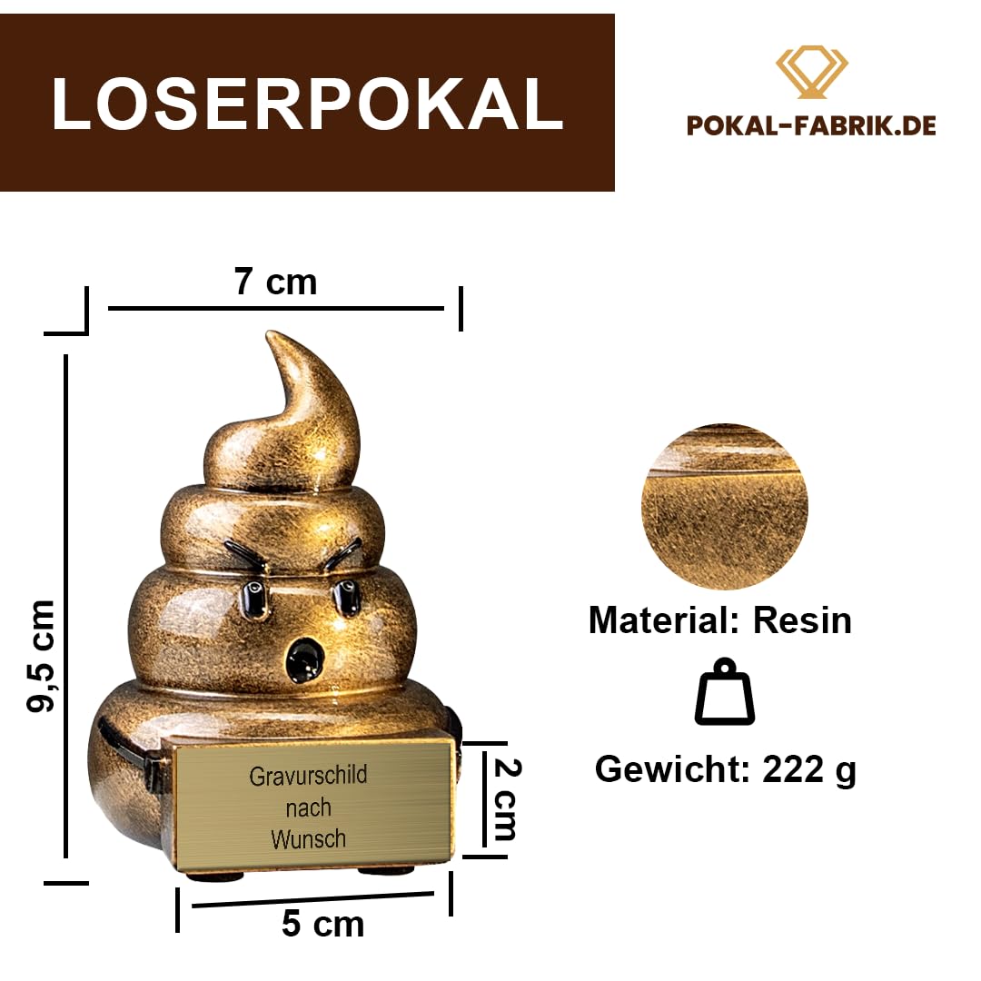 Pokal-Fabrik Lustiger Pokal mit Gravur Wunschtext – Gold Trophäe als Kackhaufen-Emoji – Personalisierter Trostpreis & Gag-Geschenk für Verlierer, WM Pechvögel, Partys & Team-Events – 9,5 cm