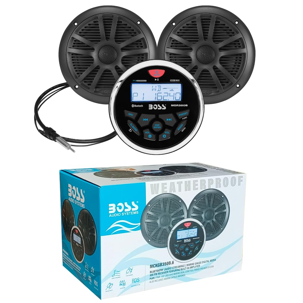 SET PER BOSS AUDIO SYSTEMS MCKGB350B.6 1 kit marino con stereo ricevitore AM/FM bluetooth waterproof, una coppia di altoparlanti MR6B 16,5 cm 90 watt rms 180 watt max, una dipole antenna, 1 kit