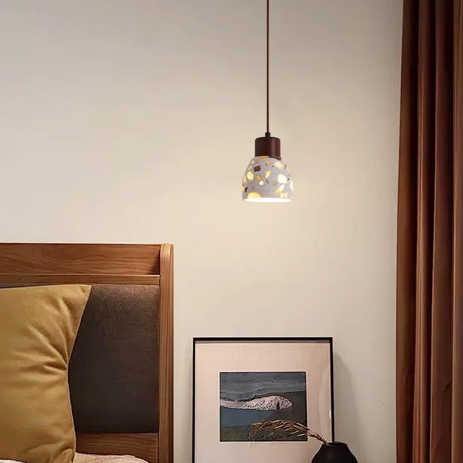 Lampada a sospensione in pietra traslucida a in legno
