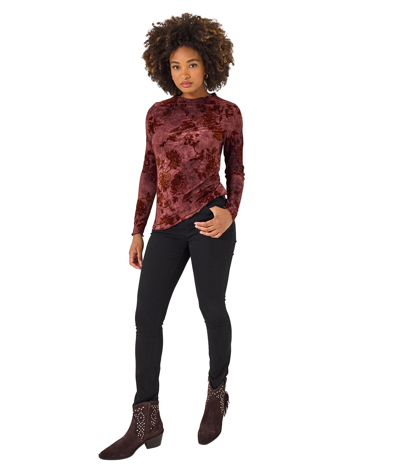 Joe Browns Women's Autumnal Flocked Floral Slim Fit Top, Regular, Berry, UK 18