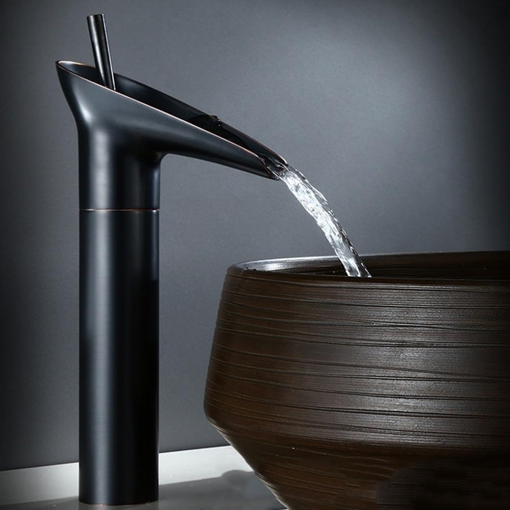 SOHNVWTGD Bathroom Faucet, Waterfall Washbasin Tap, High Basin Fitting, Brass Bathroom Tap, Single Lever Mixer Faucet, Cold and Hot for Bathroom(Tall Black)