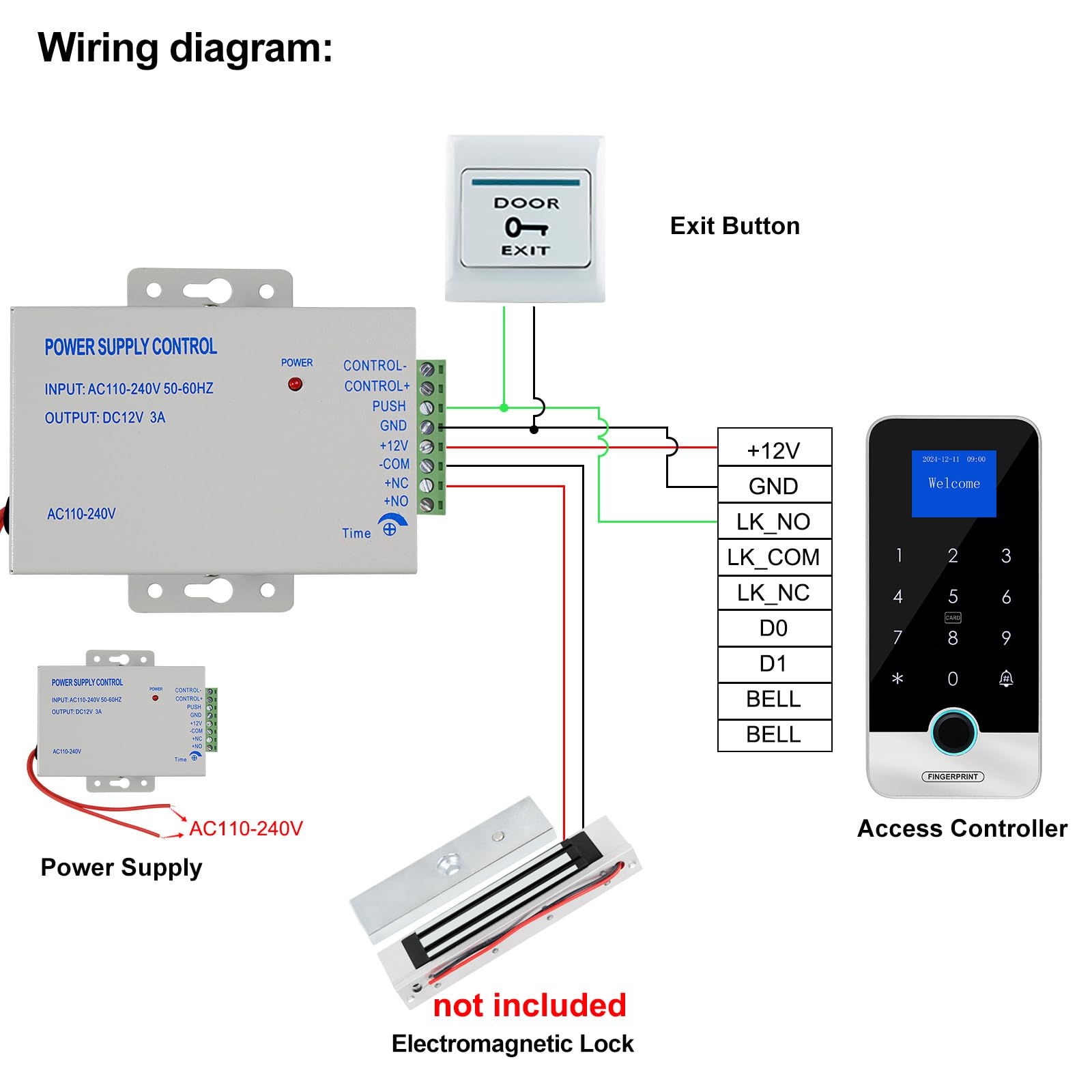 Sistema di controllo accessi con impronta digitale, tastiera RFID impermeabile con alimentatore 12V DC/3A, pulsante di blocco porta, 10 portachiavi.