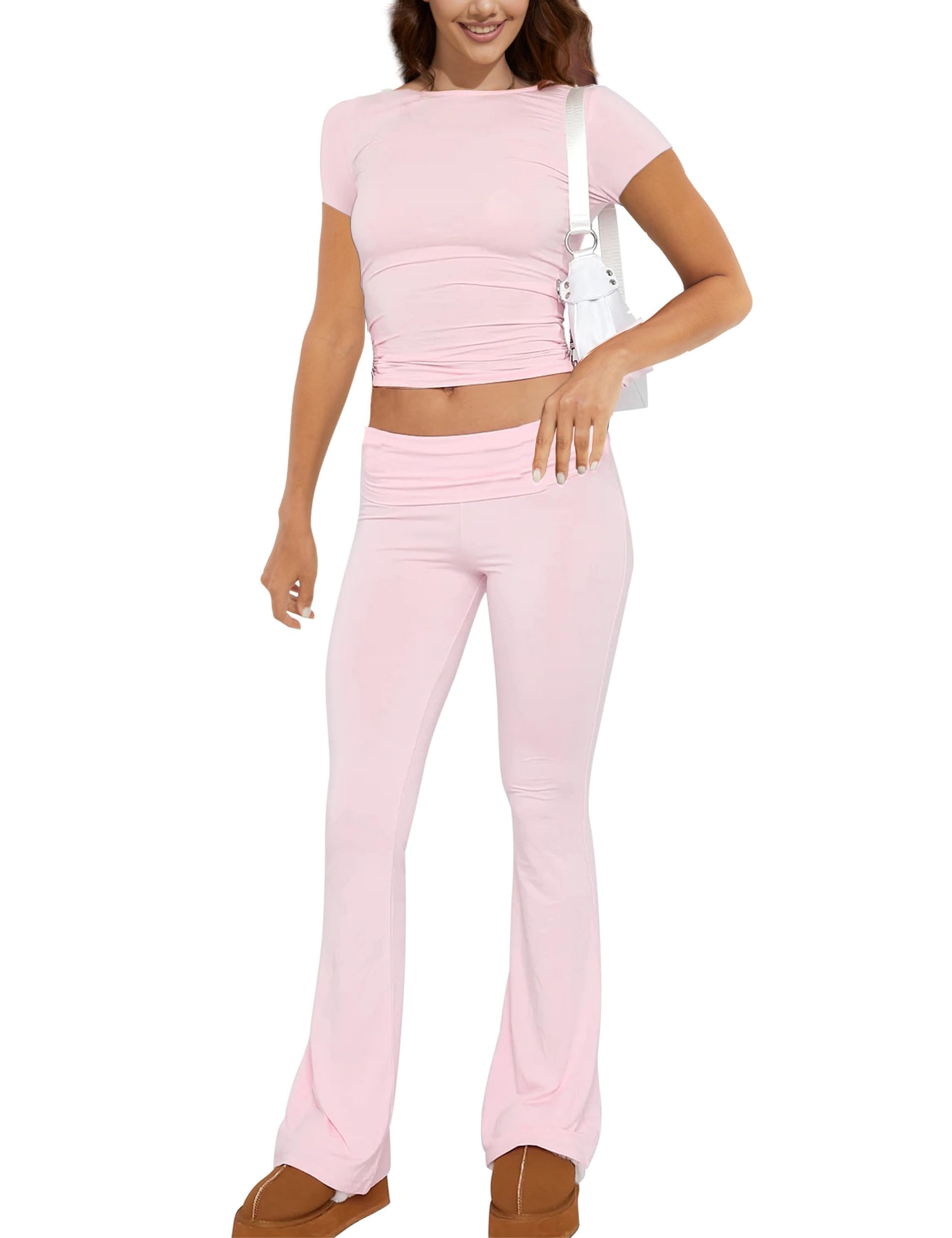 ROFUSSO Verano Mujeres Dos Piezas Lounge Set Slim Fit Tops de Manga Corta y Yoga Flare Pantalones Chándal Leisure Outfit Fitness Conjunto Deportivo