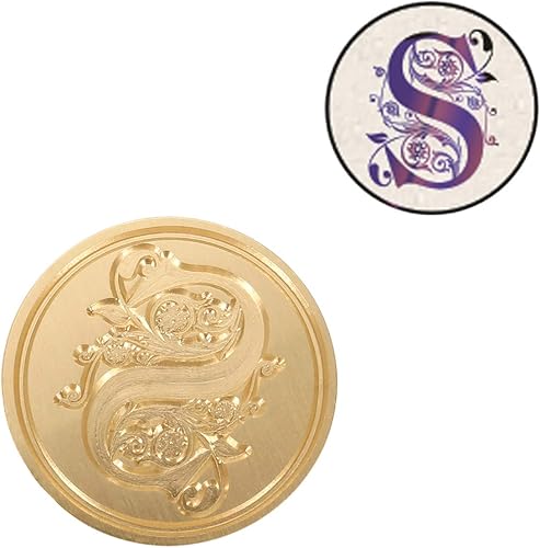 Miniatura 4 de Yoption - Sello de cera con diseño de letra S, cabeza de latón floral vintage, mango de madera, sello inicial del alfabeto, para invitación de