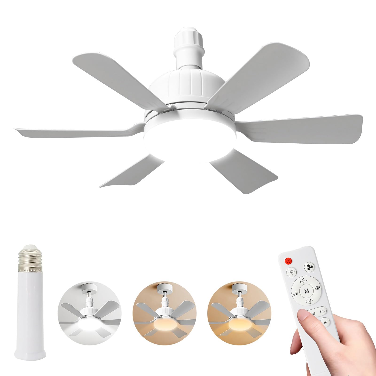 Ceiling Fans with Lights and Remote Control,E27 30W Ceiling Lights with Fan RC Timing, 3 Speeds 3 Colors (3000-6500K) LED Ceiling Light,,Timing, Modern Fan Lamp for Bedroom Living Room (White+Rods)