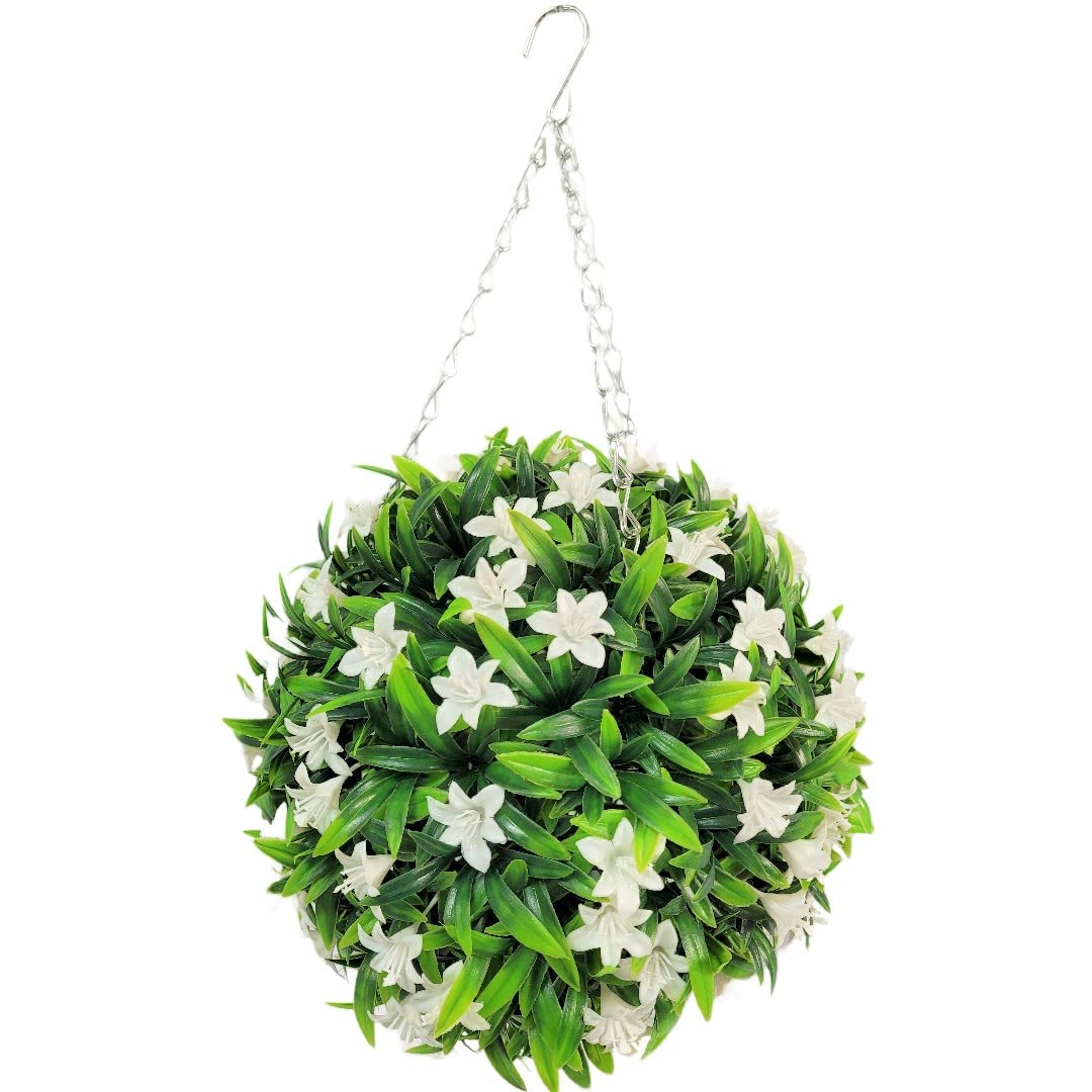 Best Artificial 28cm Lily Topiary Hanging Flower Ball **UV Fade Protected** (White)