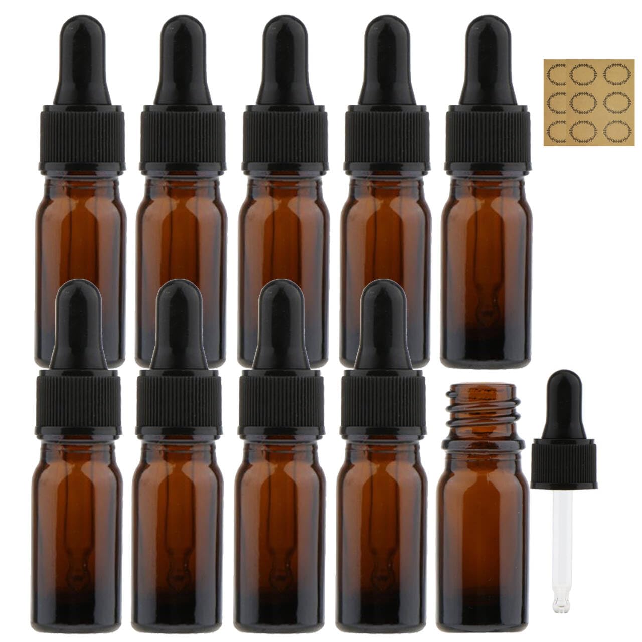 JamHooDirect 10Pcs, 10ml Amber Glass Bottles with Dropper Pipettes, Mini Empty Dropper Bottles Plastic Black Cap Refillable Sample Container for Essential Oil/Aromatherapy Blends/Chemical Liquid