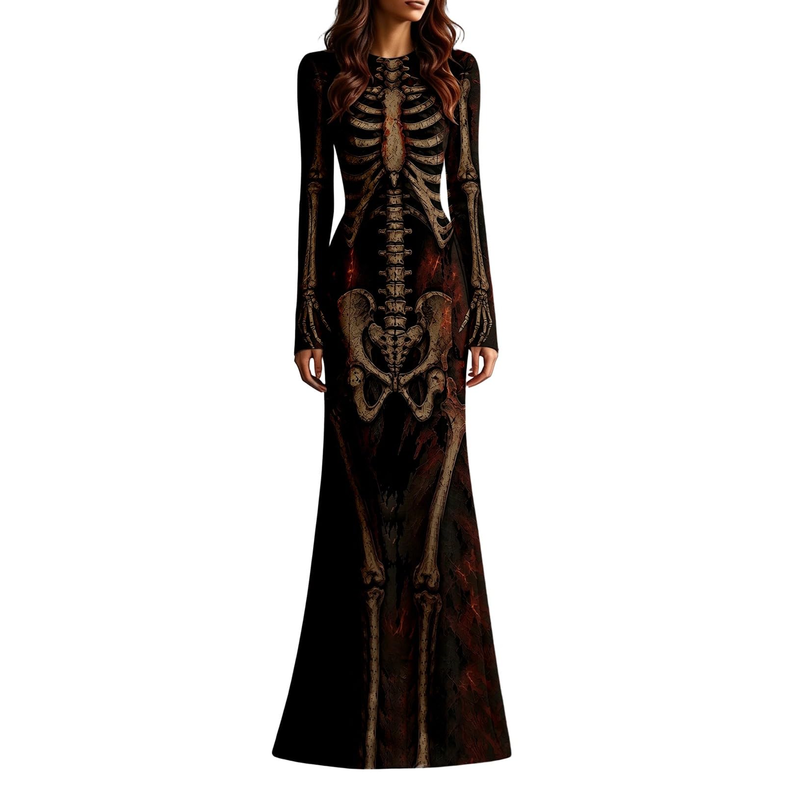 Women's Skeleton Print Mermaid Maxi Dress Long Sleeve Halloween Dresses for Women 3D Digital Print Floral Gothic Fancy Dress Costume