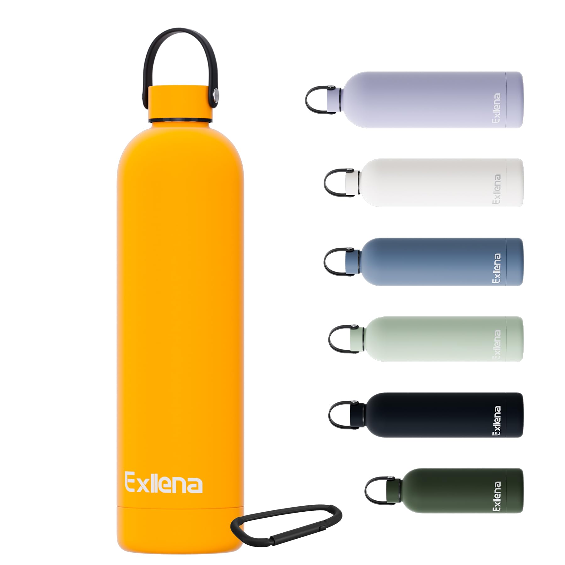 Exllena Borraccia Termica 1 Litro con Maniglia e Moschettone - Bottiglia Termica 1 Litro Mantenere Calore/Freddo - Senza BPA - 100% A Tenuta Stagna per Escursioni, Campeggio, Viaggi, Sport...(Mango)