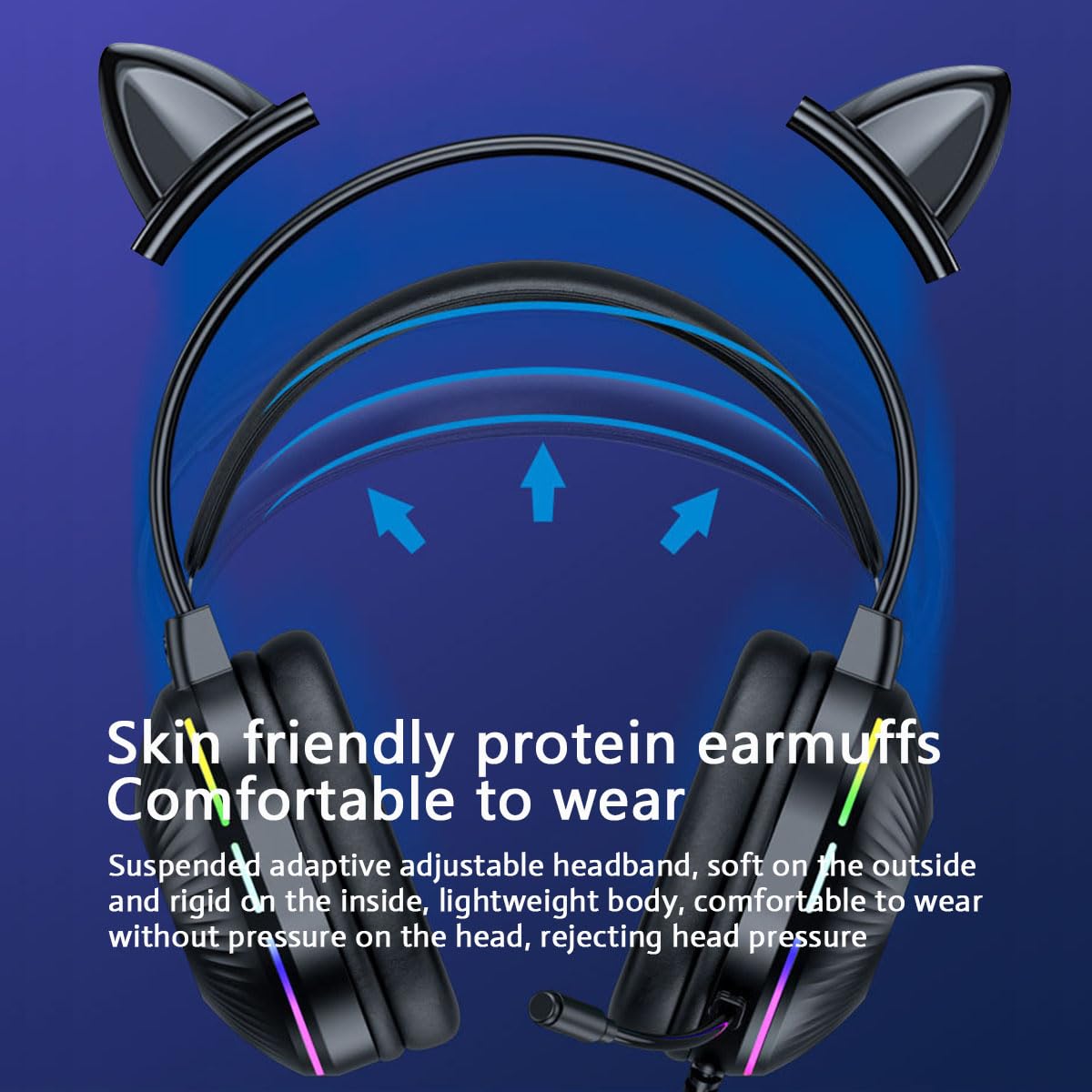 Cuffie da gioco con microfono, graziose cuffie RGB cablate con microfono a cancellazione del rumore, auricolari over-ear con orecchie da gatto per giocatori/PC/streamer/cosplay (nero)
