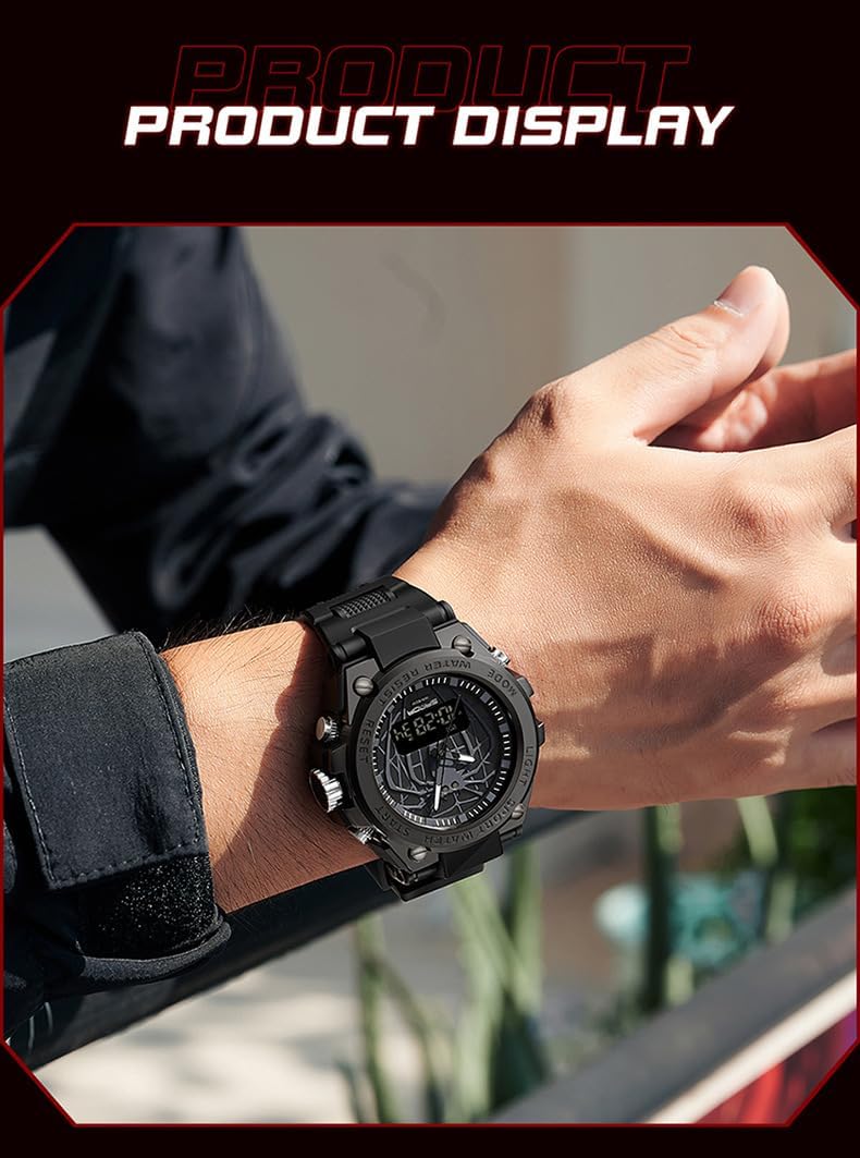MASTOP Men's Spider Design Watch Outdoor Sports Waterproof Alarm Calendar Multi-Function Luminous Stopwatch with Digital and Analog Dual Display Watches for Men