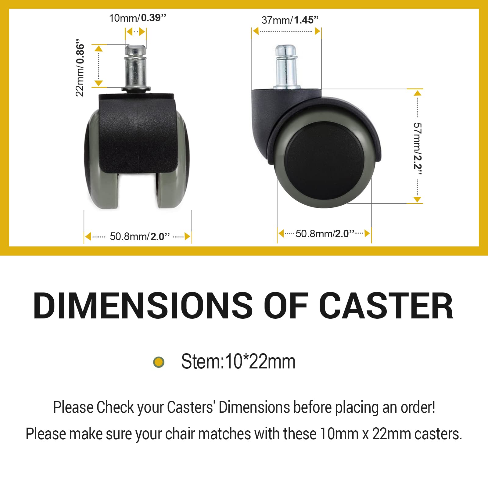 Rotelle per sedie da ufficio, Phero 5 confezioni di rotelle per mobili, compatibili solo con sedie Ikea (diametro stelo: 10mm, lunghezza stelo: 22mm) – Heavy Duty 250kg