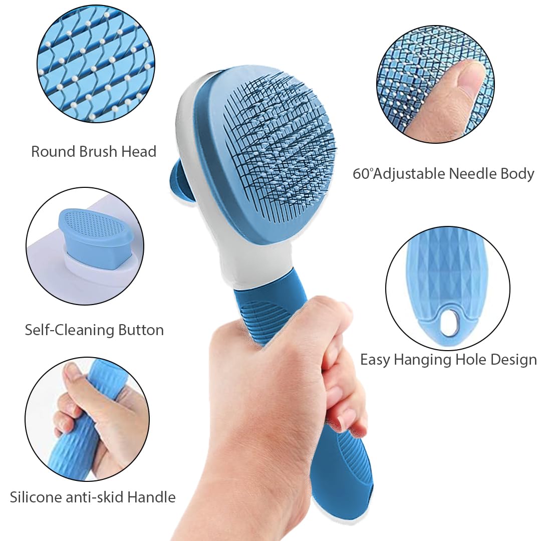 Petola Dog & Cat Hair Brush with Easy Clean Push Button - Pet Grooming Massage Brush for Cats & Dogs with Soft Grip, Beaded Bristles - Image 2