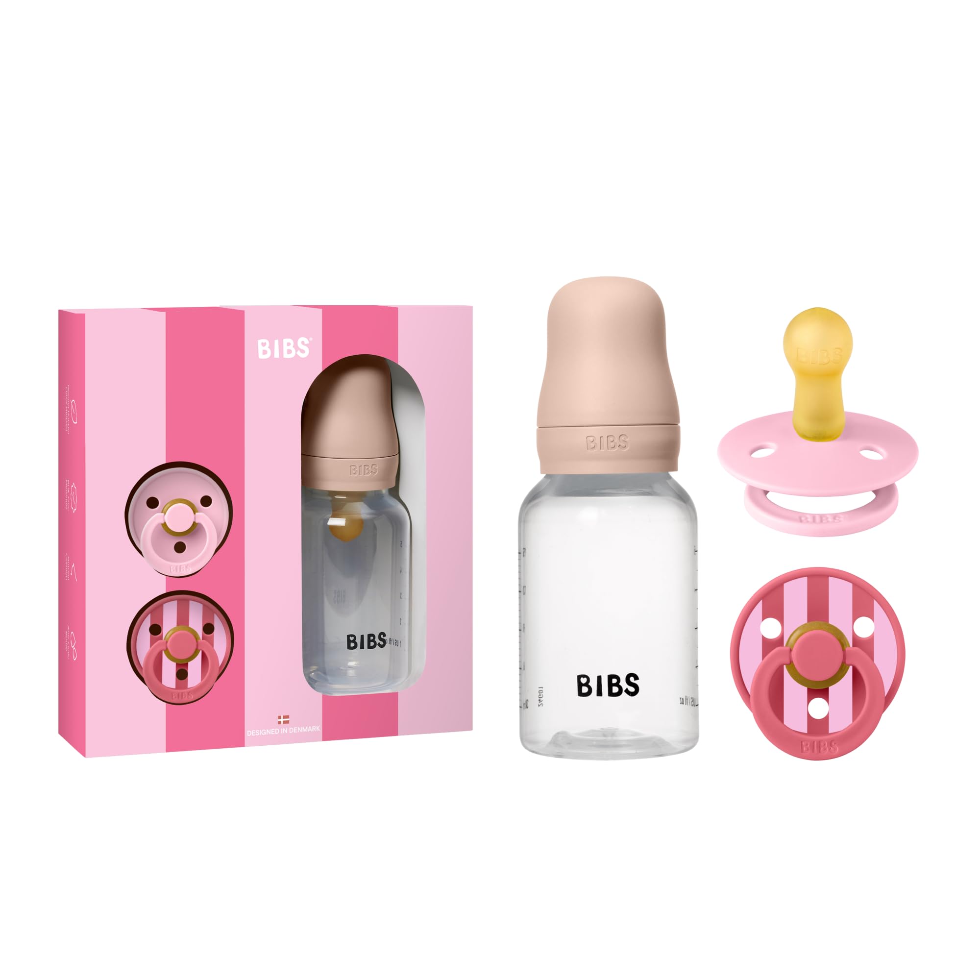 BIBS Baby Gift Set, with a 150 ml Baby Bottle and a 2-Pack of BIBS Colour Dummies, BPA Free Dummy Pacifier, Round Teat. Natural Rubber Latex, Designed in Scandinavia, Size 1 (0-6 Months), Blush