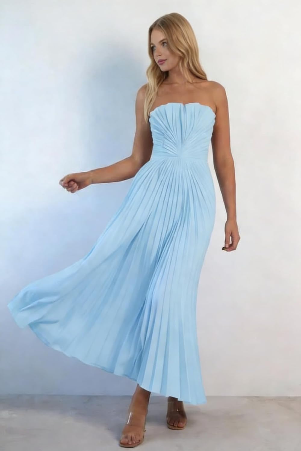 Strapless Satin Prom Dresses for Women Pleated A Line Long Corset Wedding Guest Dress