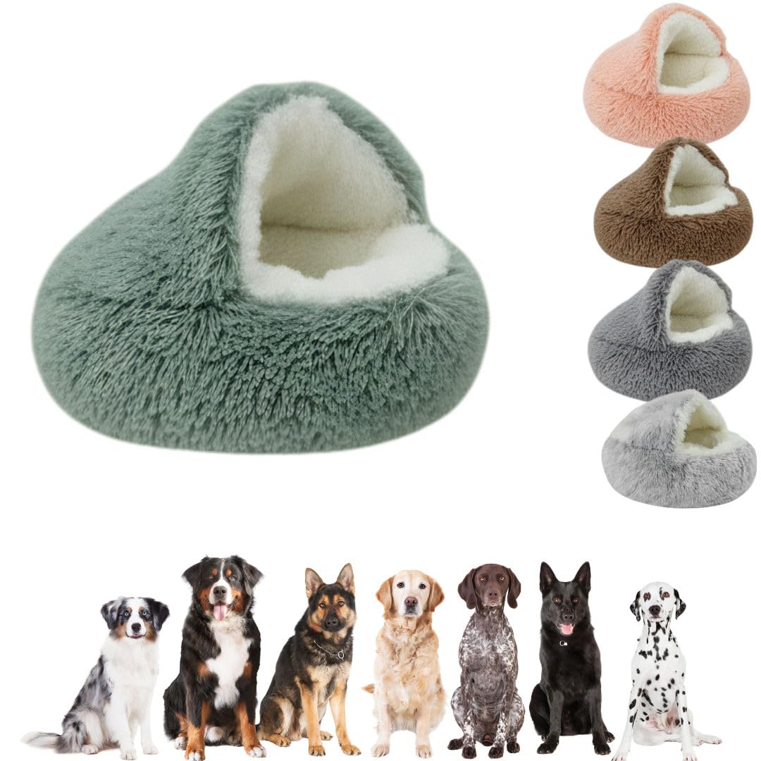Furr & Humble Abode Round Pet Bed for Dogs - Soft Plush Sleeping Nest for Small and Large Dogs - Fluffy Warm Dog Cave House – Cosy Washable Pet Igloo Bed for Puppies & Dogs - Green - (50 cm)