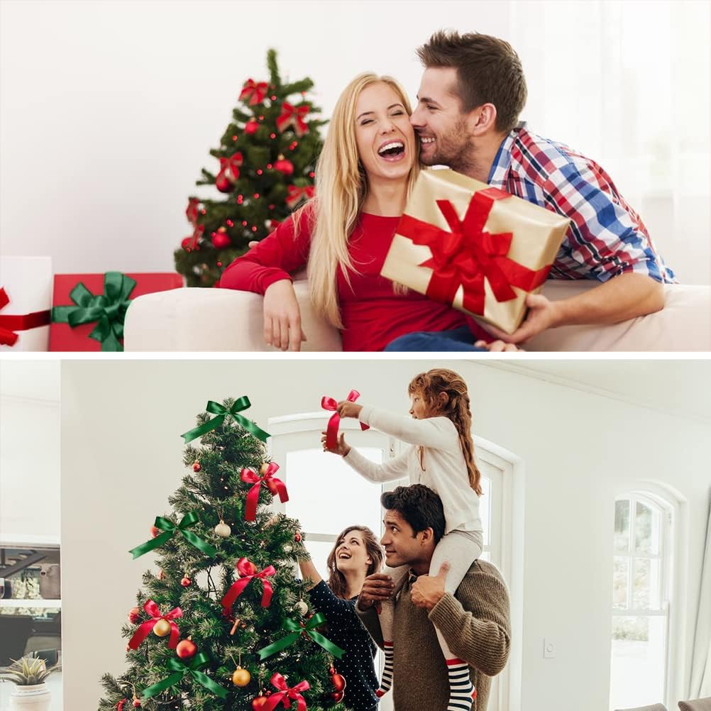 Christmas Ribbon for Gift Wrapping, 2 Rolls Red Dark Green Christmas Satin Ribbon Roll for Crafts, 25mm Wide Grosgrain Ribbons for Crafting Xmas Tree Cake Wreath Bow Wedding Decorations (50 Yards)