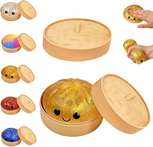 Dumpling Squishy Mystery Box, Slow Rising Glitter Squishy Dumpling Toy, Anxiety Relief Fidget, Stocking Stuffers with Food Steamer Stretchy Desk Toys (Glitter Gold)