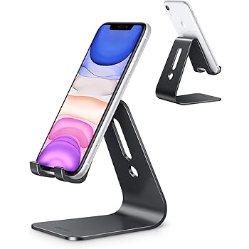 Cell Phone Stand, OMOTON C1 Phone Holder – [Upgraded] Desktop Aluminum Phone Cradle Dock Compatible with iPhone 12 Mini/ iPhone 12 Pro/ iPhone 11 Pro/ Xs Max XR 8 Plus, All Android Phones and More (Non-Adjustable), Black