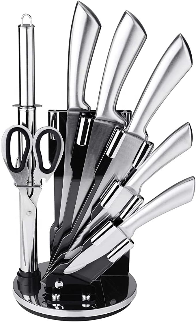 AtrauXKitchen Knife Set, 8 Pieces Professional Chef Knife Sets with Spinning Block, High Carbon Stainless Steel Kitchen Steak Bread Knives Set with Knife Sharpener Kitchen Shear Acrylic Block, Silver