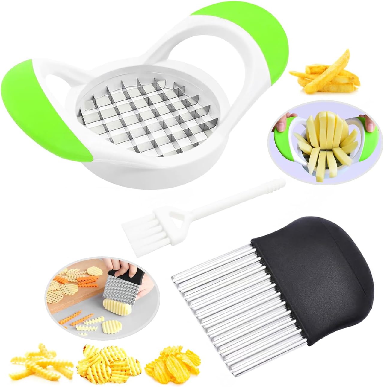 Crinkle Cutter, Stainless Steel Wavy Chopper Slicer Vegetable Salad Garnishing Tools with Cleaning Brush, Fry Cutter for Potatoes (3-piece Set) Crinkle Cutter, Stainless Steel Wavy Chopper Slicer Vegetable Salad Garnishing Tools with Cleaning Brush, Fry Cutter for Potatoes (3-piece Set)