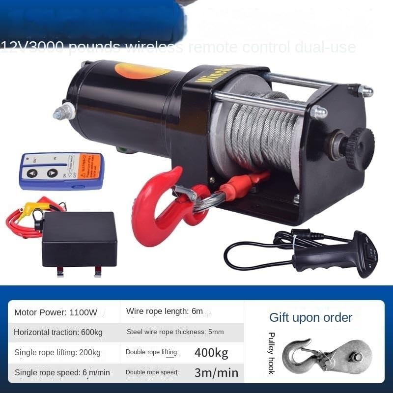 Image of Portable Small Electric Hoist, Electric Vehicle-Mounted Crane Winch, Off-Road Vehicle Self-Rescue Winch (3000 Lbs Dual Switch)