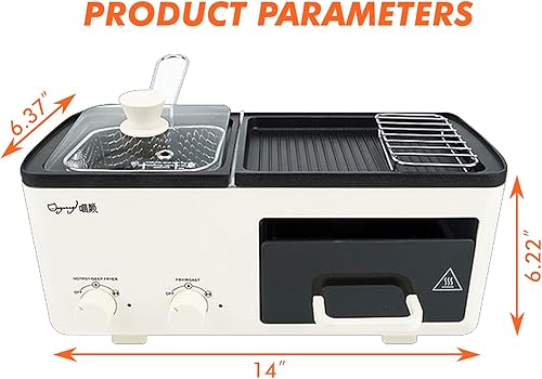 Miniatura 6 de Estación de desayuno 4 en 1 con parrilla, cajón de tostadas y cesta para freír, platos antiadherentes extraíbles, control de temperatura dual