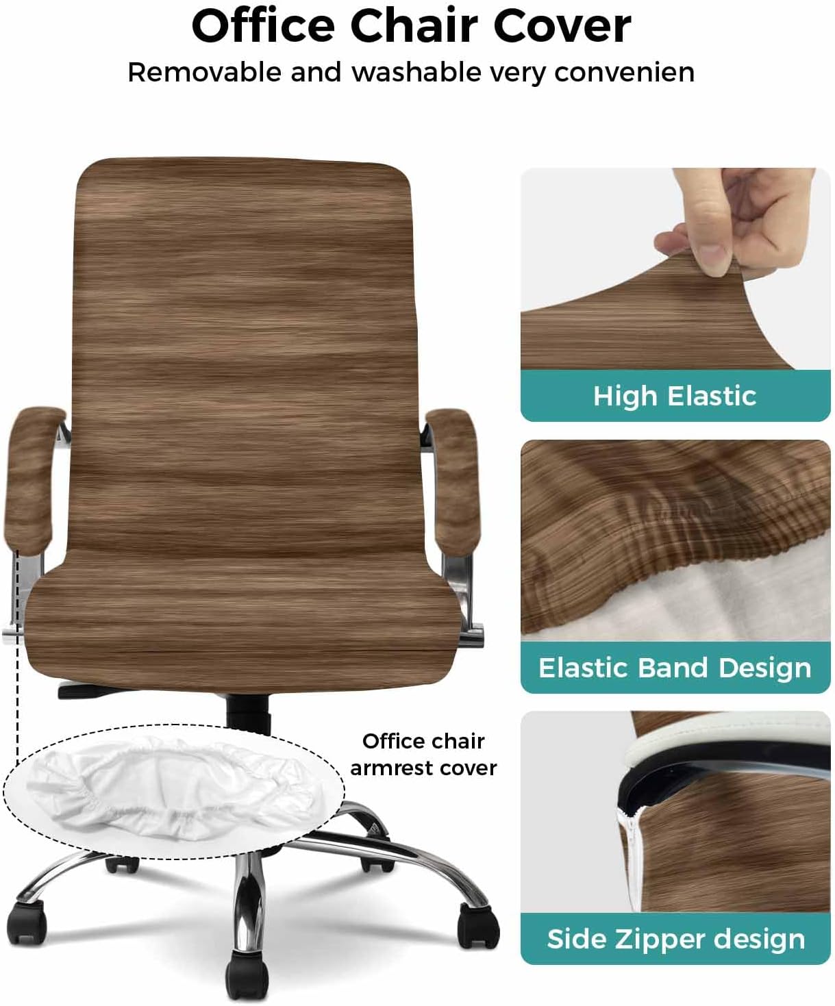 Brown Wood Grain Office Chair Covers with Armrest Covers, Rotating Chair Cover, Retro Farmhouse Wooden Plank Armchair Slipcovers Decorative Backrest Seat Protectors, Large