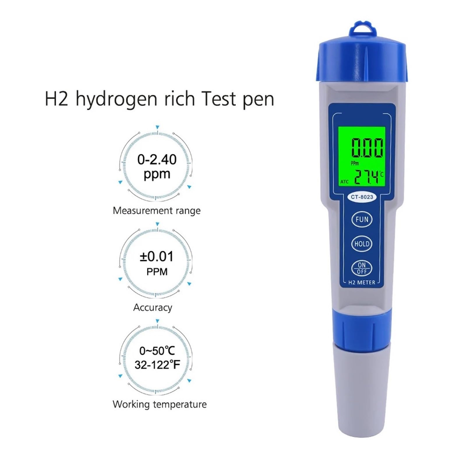 CT-8023 Pluma De Prueba De Calidad Del Agua Rica En Hidrógeno Medidor De Hidrógeno H2 0-2400ppb /0-2.40ppm Generadores De Hidrógeno For La Salud(Without backlight)
