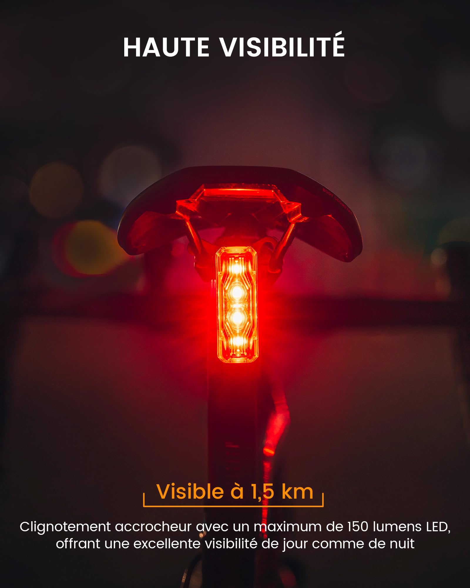 RAVEMEN Éclairage Arrière Vélo USB-C Rechargeable IPX6 6 Modes Visibilité 280°