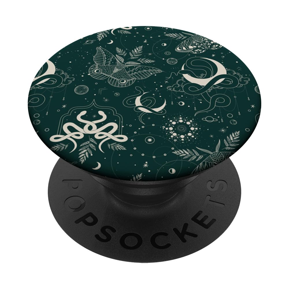 Dark Green Mystical Witchcore Celestial Night Moth & Snake PopSockets Adhesive PopGrip