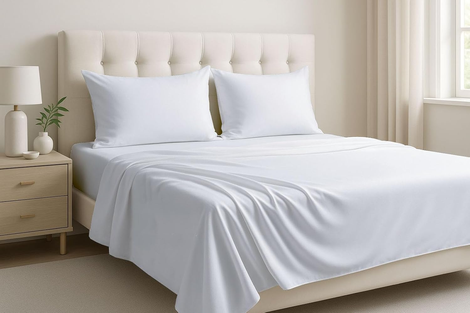 Cottingon 4 Pcs Extra Deep 100% Cotton Bed Sheets Set, Soft and Luxury Bedding Fits Upto 22 Inch Extra deep Pocket with Elastic All Around, Queen, White Solid