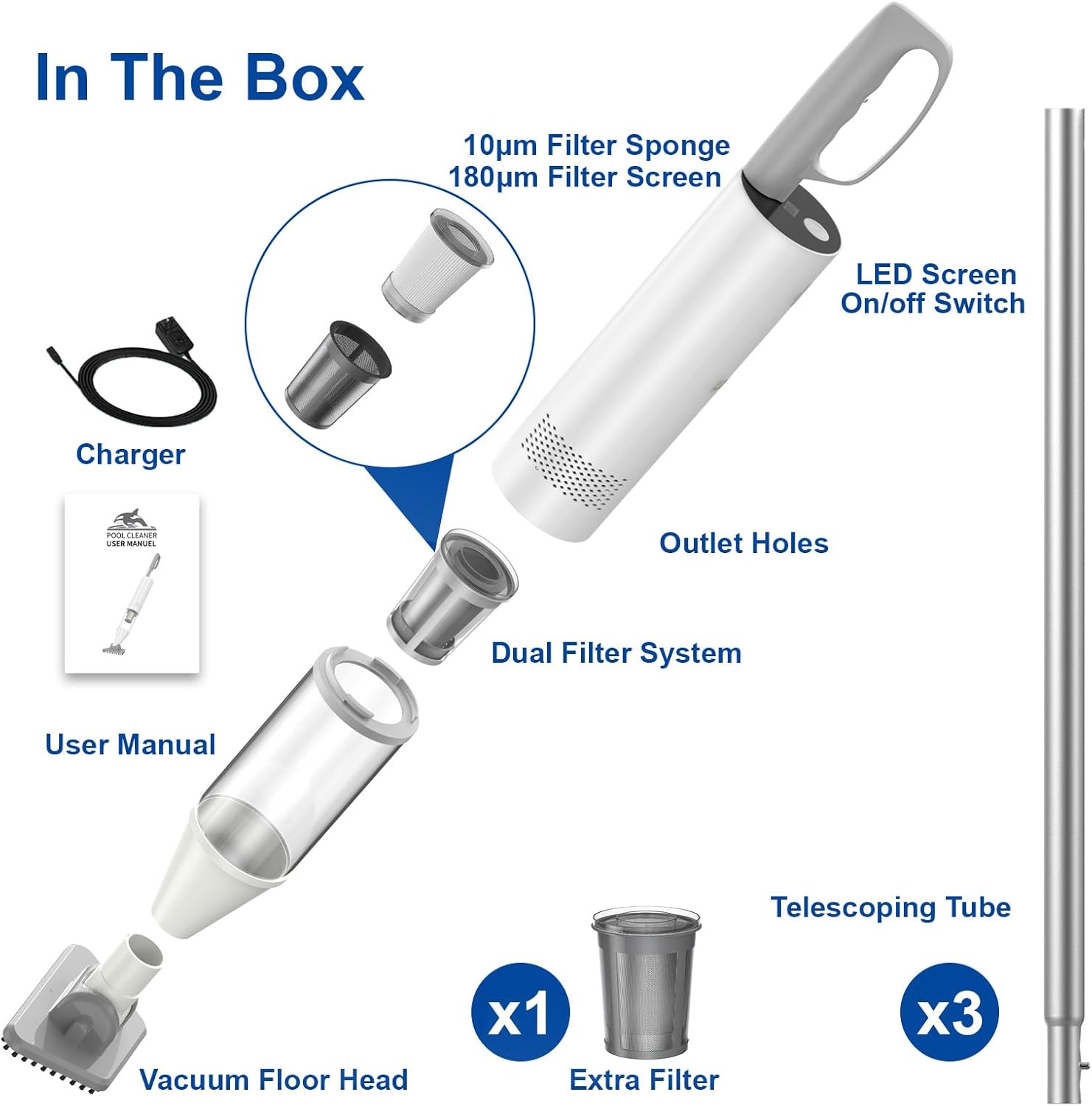 Cordless Spa Hot Tub Vacuum, Handheld Rechargeable Pool Cleaner, 16 Gallons/Min Powerful Suction, Extendable Pole up to 98.4“, 60 Min Runtime for Leaves, Debris, White