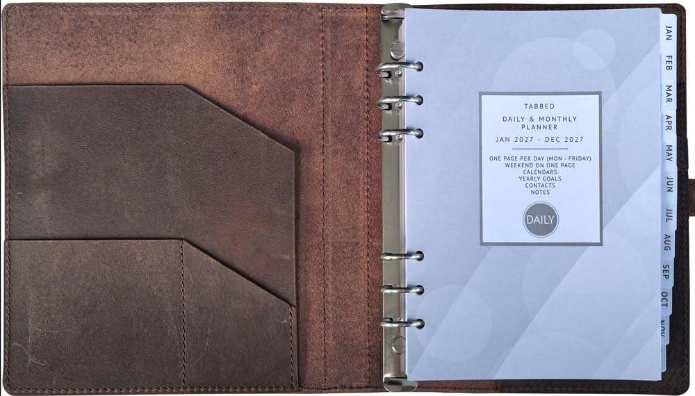 Agenda giornaliera in pelle, giorno su una pagina, da gennaio 2026 a dicembre 2026, raccoglitore in vera pelle, ricaricabile, formato A5