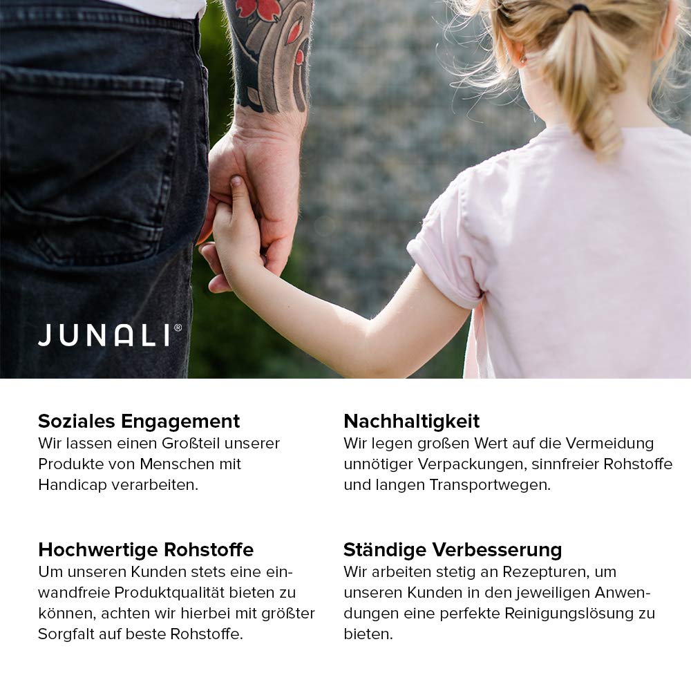 JUNALI Oberflächen Glanzreiniger, Pflege für Hochglanz Küchen, antistatisch mit Perl Effekt, Sprühversiegelung für Naturstein, Chrom, Glas, Kunststoff, lackierte Holzmöbel (2,5 L)