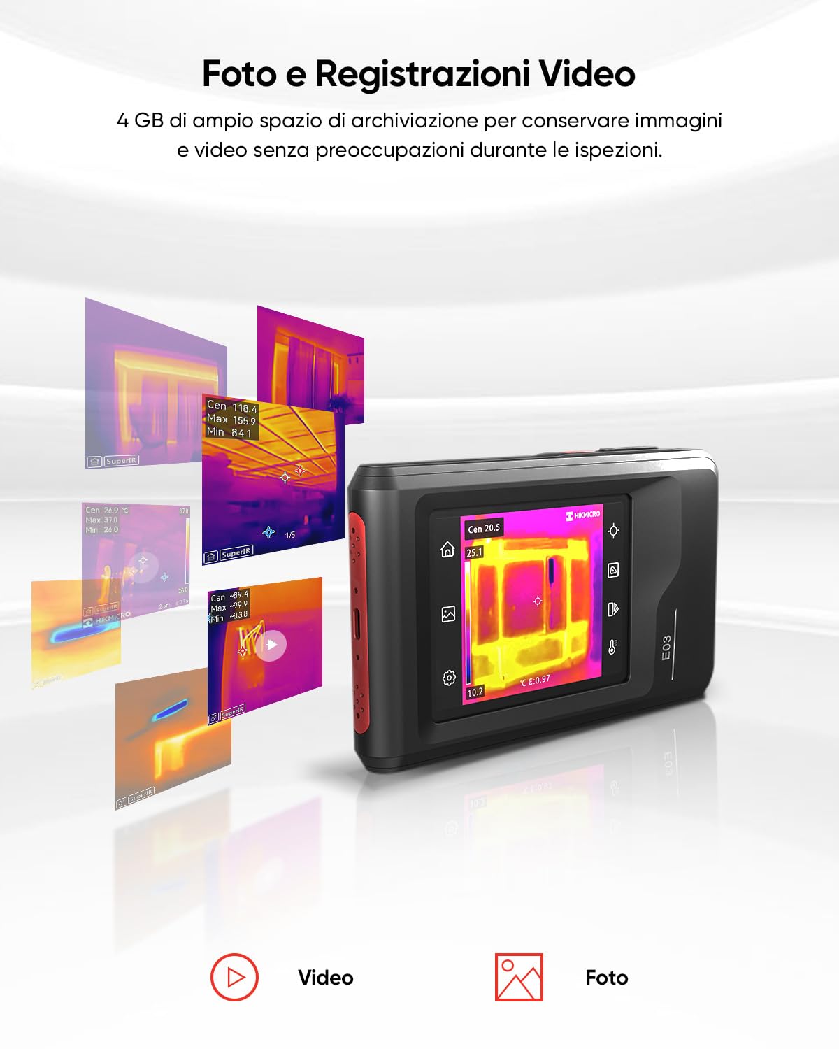 La termocamera compatta HIKMICRO E03 ha una risoluzione SuperIR di 240x240 e una camera visibile con risoluzione 96x96/9216 pixel, 25 Hz, display touchscreen da 3.5", IP54, da -20°C a 350°C