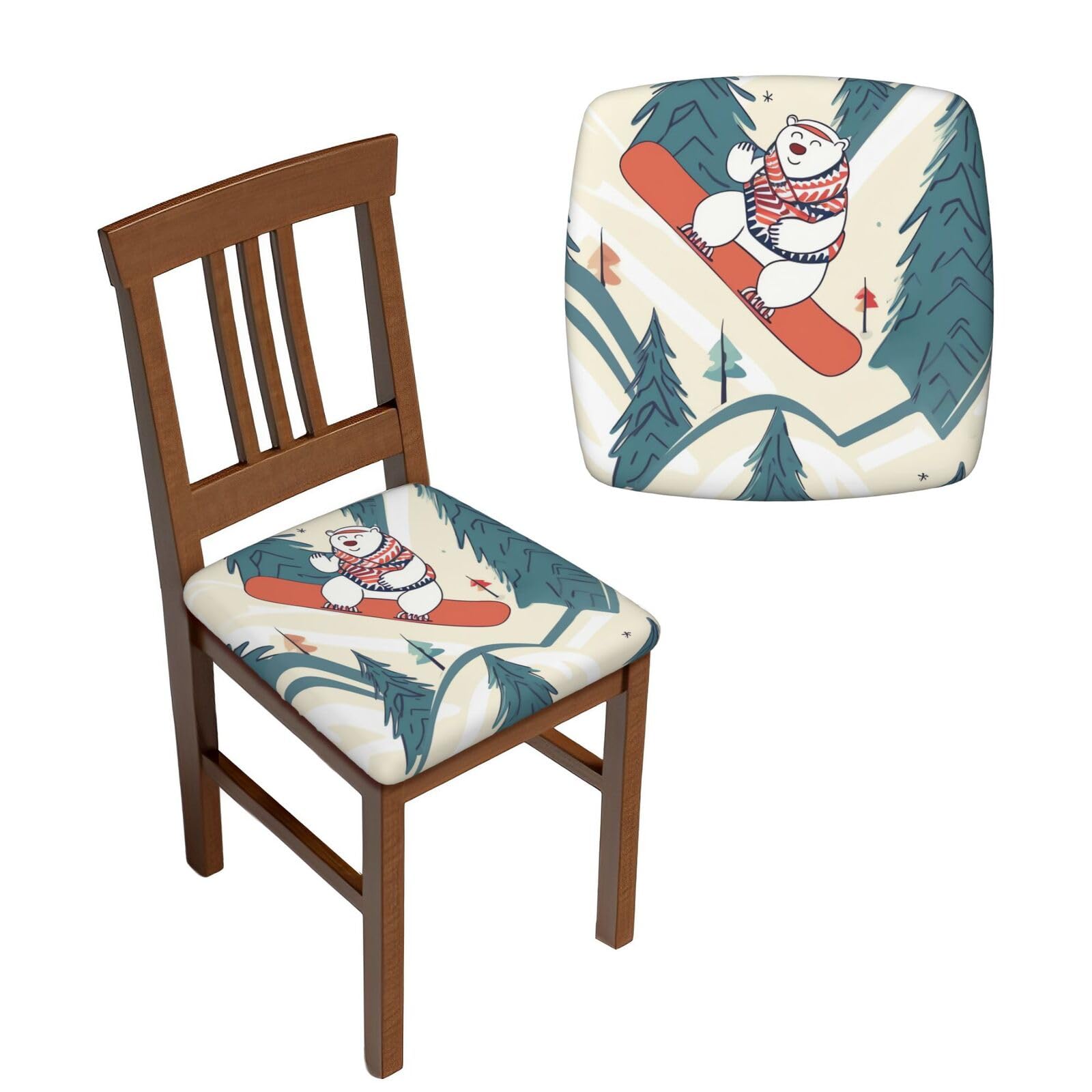 NONHAI 6PCS Dining Chair Seat Covers Set White Bear Skiing Stretch Removable Chairs Covers Washable Seat Cushion Slipcovers Protector for Dining Room Kitchen Chairs