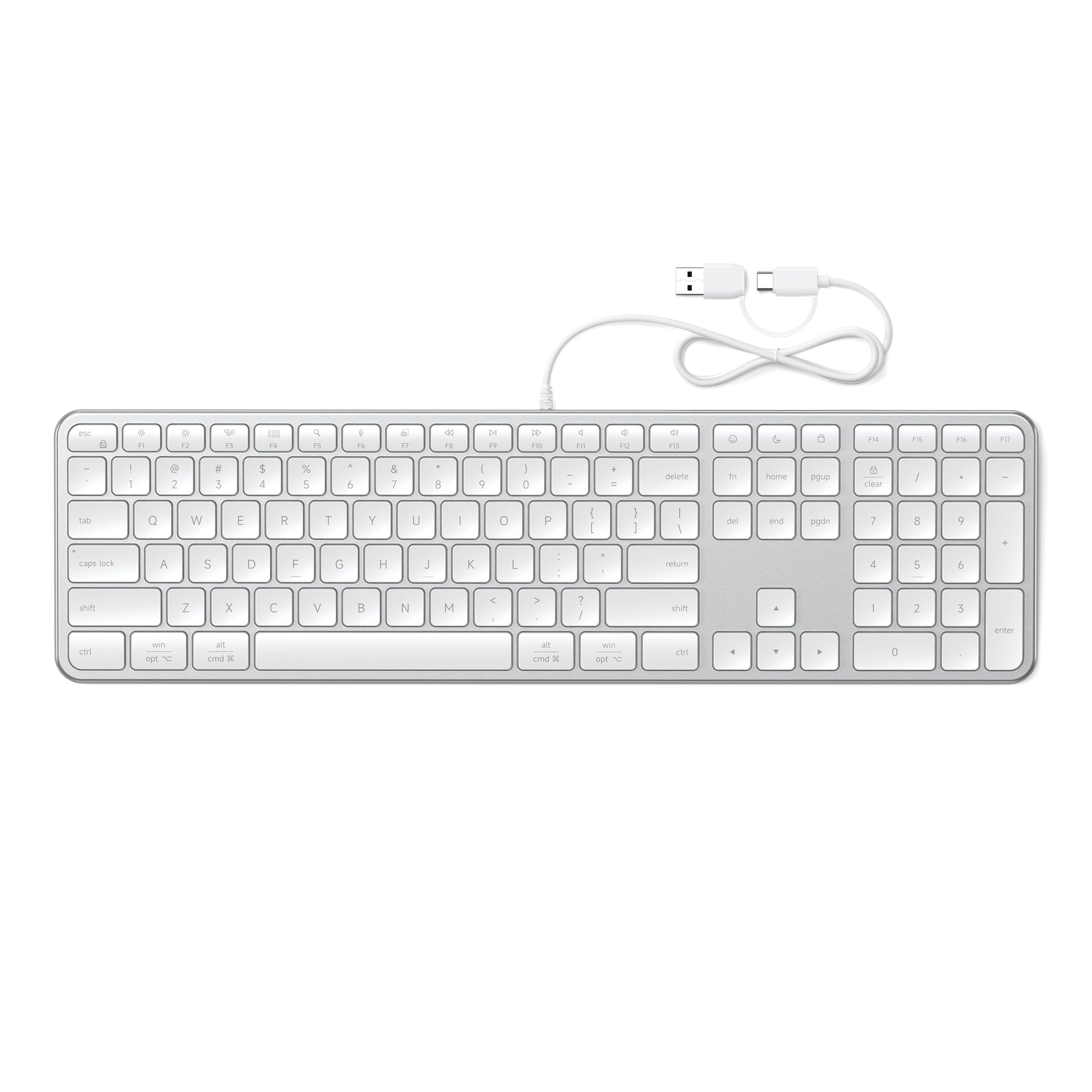 Satechi Tastiera con Cavo Slim LX3 𝗤𝗪𝗘𝗥𝗧𝗬 𝗨𝗦, Formato Completo con Tastierino Numerico, USB-C, Tasto per Cambio Sistema Operativo, per Mac, Windows e Android – Argento