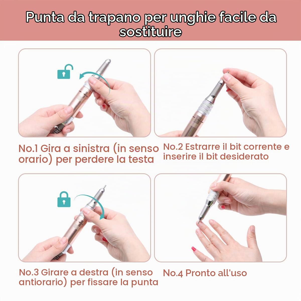Delanie Manipolo per Fresa per Unghie Sostituibile Oro Rosa(Solo il manipolo)
