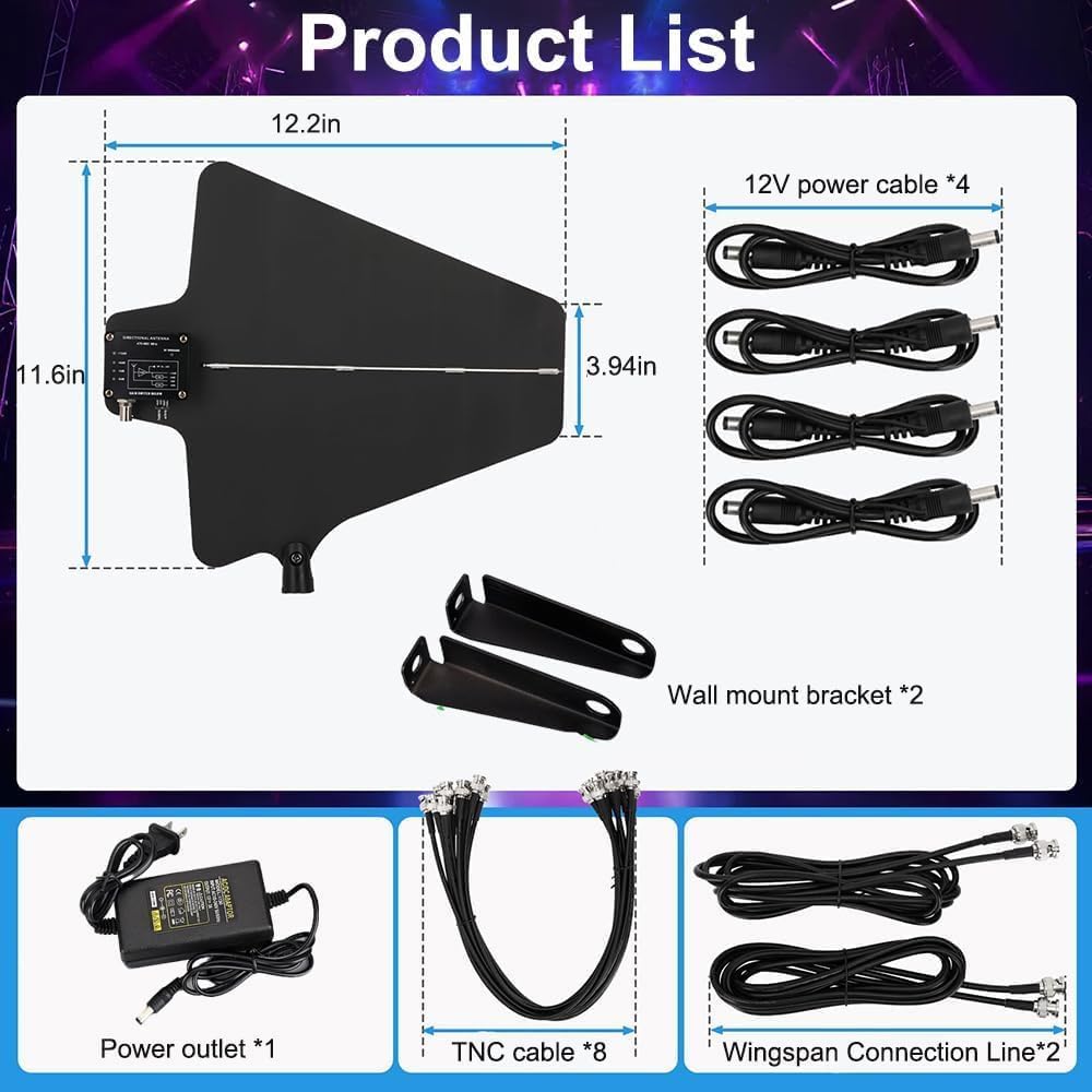 Sistema di distribuzione dell'energia per antenna UHF, amplificatore di segnale microfono wireless, 8 porte, gamma di frequenza 450-950 MHz, miglioramento del segnale fino a 1000 m per eventi live