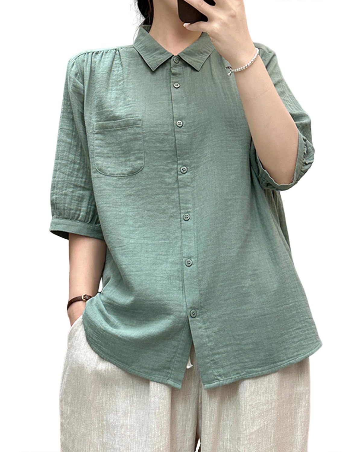 [Hanmall] 【新色追加！】ダブルガーゼシャツ 綿100% コットン シャツ ブラウス レディース 半袖 長袖 トップス 夏 カジュアル シンプル 上品 柔らかい 無地 柔軟 通勤 日常 春 夏 秋