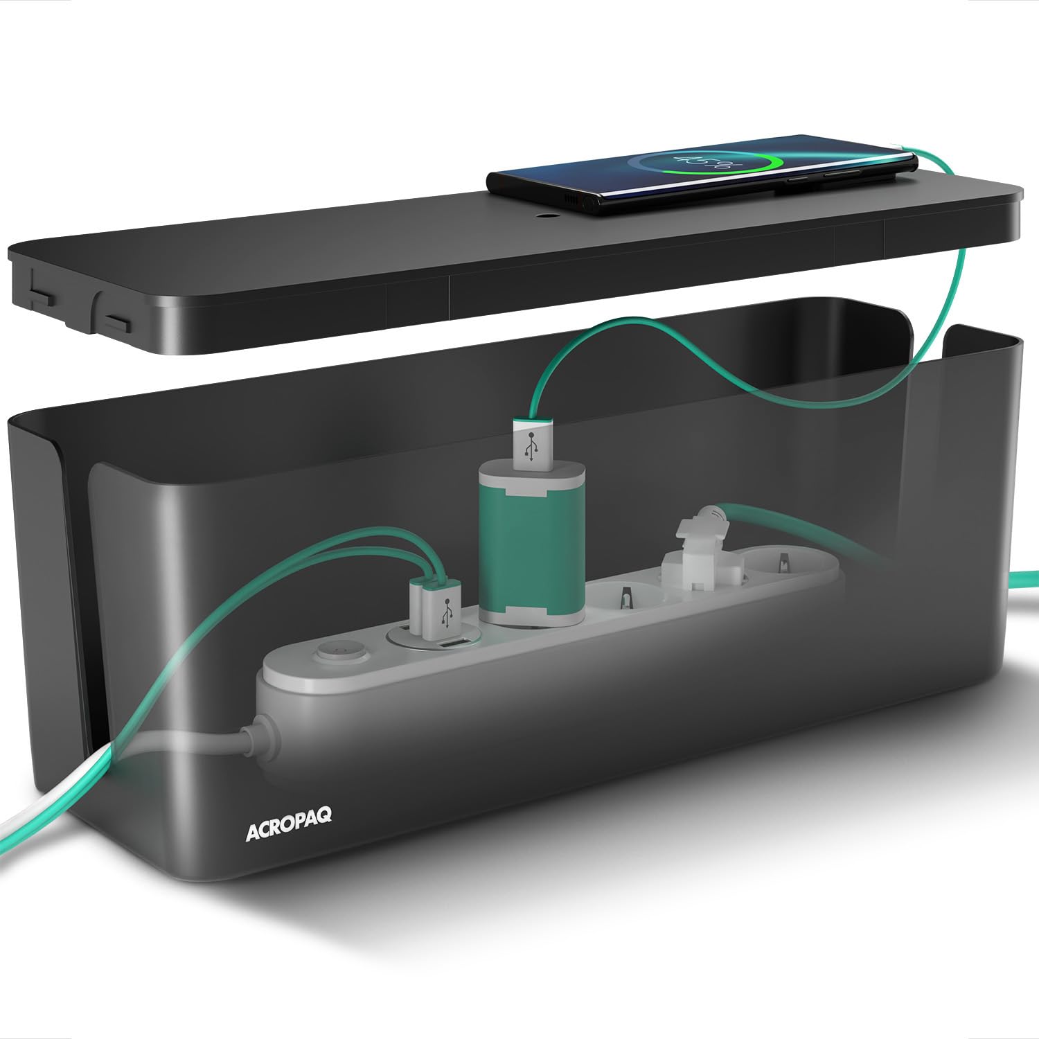 ACROPAQ Caja Porta Cables - Grande (40,6 x 15,6 x 13,4 cm), Caja para la gestión de Cables para esconder Cables y enchufes, Plástico, Negro - Caja Cables, Organizador de Cables