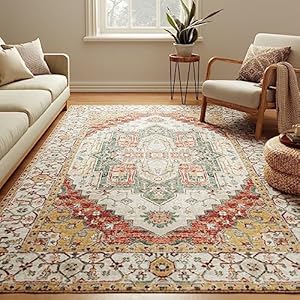 Washable Area Rugs 5×7 Rug Non Slip Rugs Low-Pile Floor Carpet Distressed Printed Doormat Soft Area Rug for Kitchen Living Room Dinning Room Bedroom Indoor-Yellow/Brown