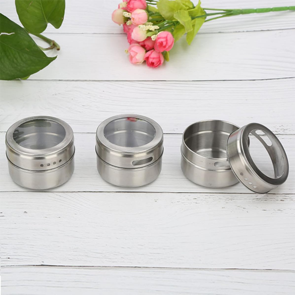 PRETYZOOM Tarros para Especias y Base Magnética para Almacenar Condimentos Set de 9 de Acero Inoxidable con Ventana Visible en Cocina o Barbacoa