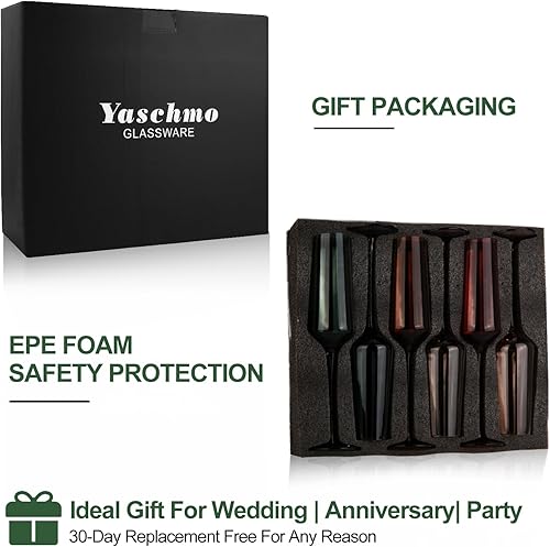 Miniatura 6 de Yaschmo Juego de 6 copas de vino de colores y copas de champán, cristalería de color soplado a mano, moderno y elegante para amigos, familia, boda,