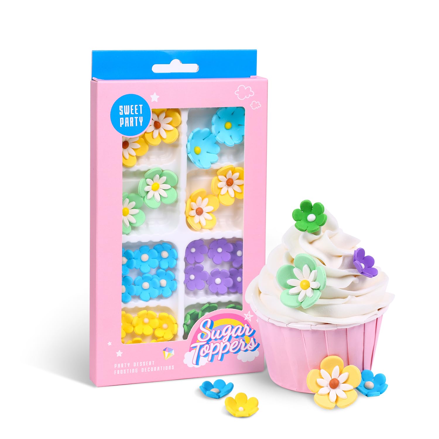 Edible Flowers Cake Decorations 32 Count Blossoms Royal Icing Decorations Daisy Sugar Wedding Flowers for Baking Cupcakes Ice Cream Waffles Cookies Birthday Cake